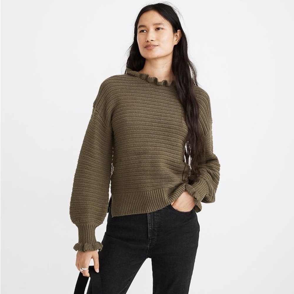 Madewell Ruffle Neck Cotton Merino Wool Boxy Pullover Sweater Olive Green